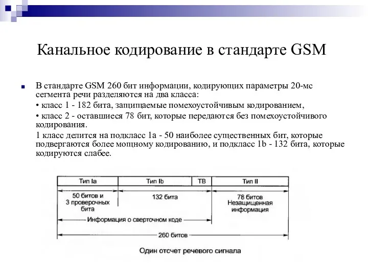 Канальное кодирование в стандарте GSM В стандарте GSM 260 бит