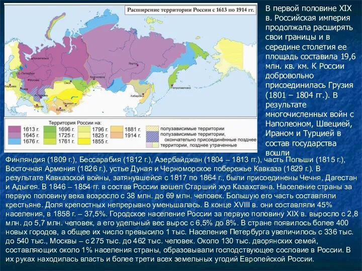 В первой половине XIX в. Российская империя продолжала расширять свои границы и в