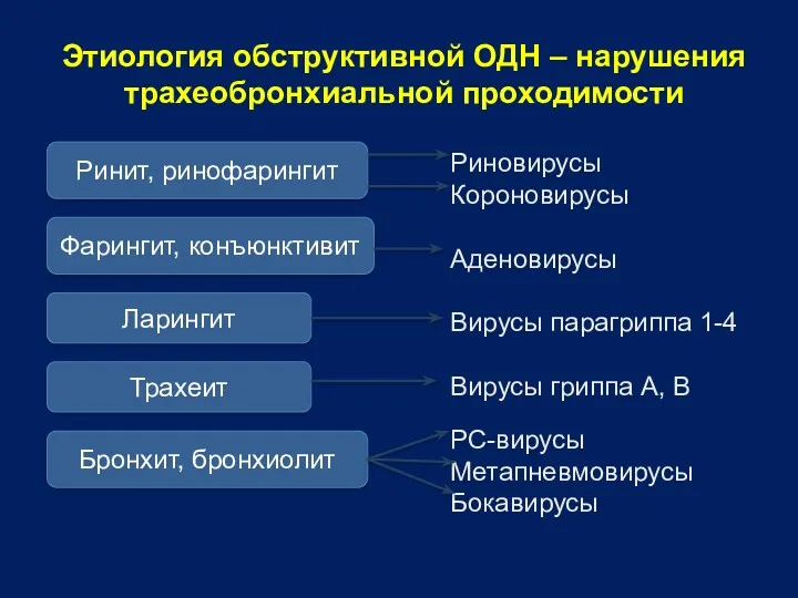 Этиология обструктивной ОДН – нарушения трахеобронхиальной проходимости Риновирусы Короновирусы Аденовирусы