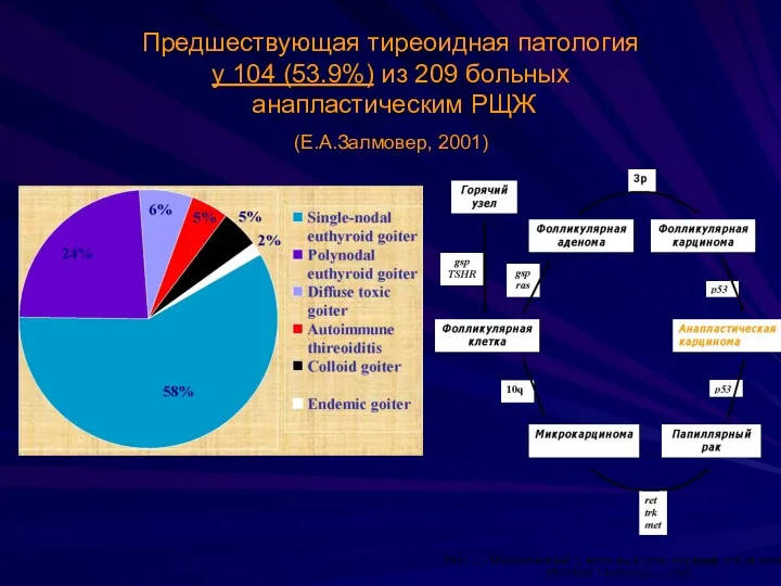 Предшествующая тиреоидная патология у 104 (53.9%) из 209 больных анапластическим РЩЖ (Е.А.Залмовер, 2001)