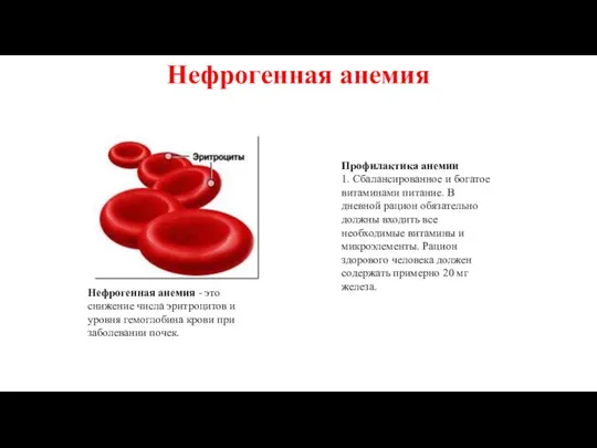 Нефрогенная анемия Нефрогенная анемия - это снижение числа эритроцитов и уровня гемоглобина крови