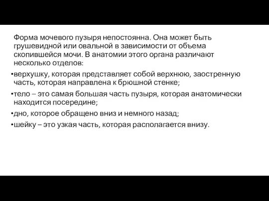 Форма мочевого пузыря непостоянна. Она может быть грушевидной или овальной в зависимости от