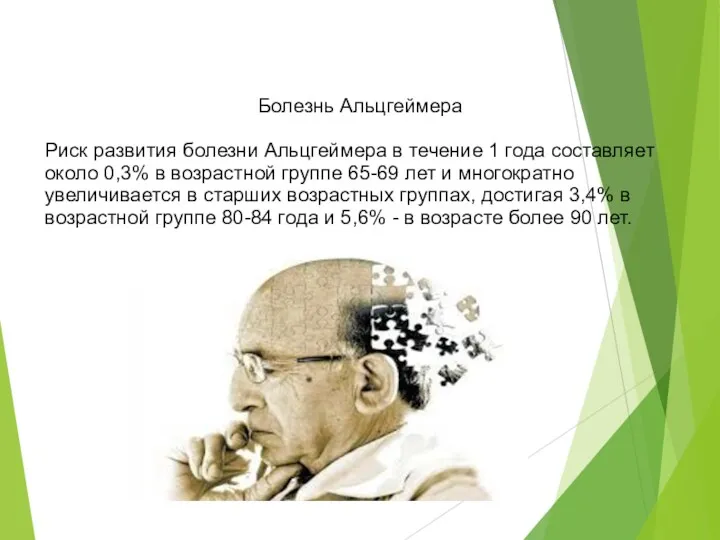 Болезнь Альцгеймера Риск развития болезни Альцгеймера в течение 1 года составляет около 0,3%