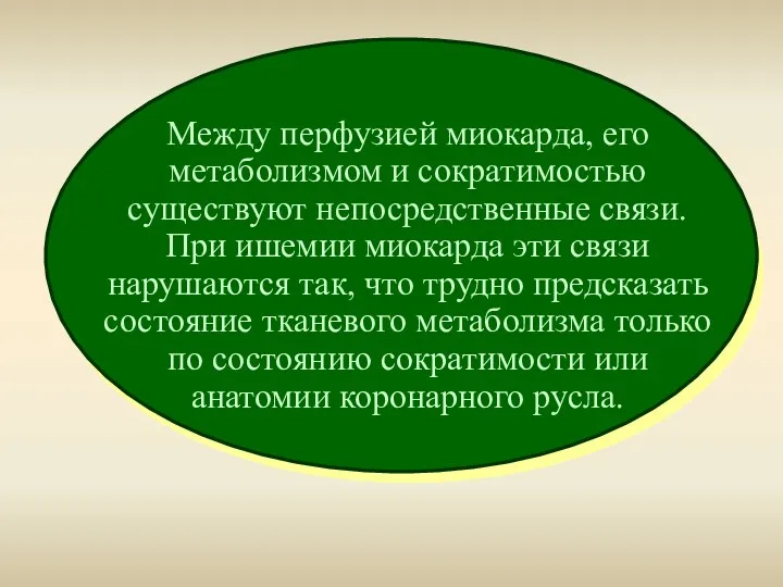 Между перфузией миокарда, его метаболизмом и сократимостью существуют непосредственные связи.