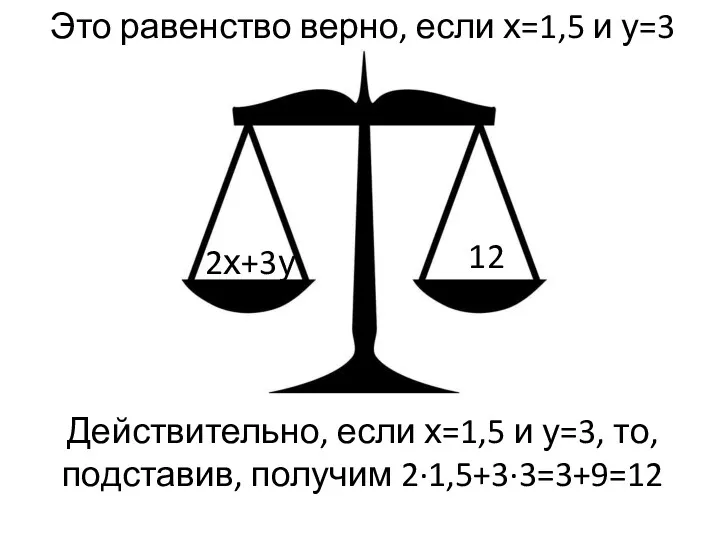 2х+3у 12 Это равенство верно, если х=1,5 и у=3 Действительно,