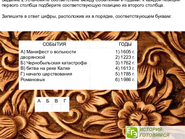 ИСТОРИЯ: ГОТОВИМСЯ ВМЕСТЕ! Задание 2.Установите соответствие между событиями и годами: