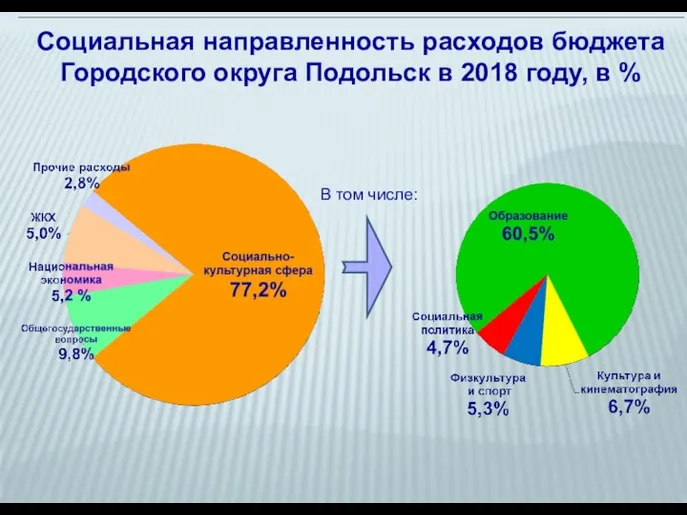 Социальная направленность расходов бюджета Городского округа Подольск в 2018 году, в % В том числе: