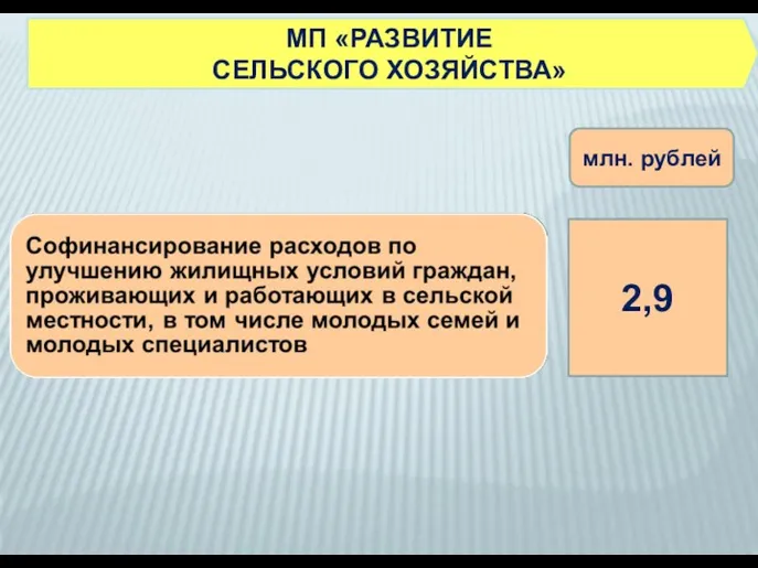 2,9 млн. рублей МП «РАЗВИТИЕ СЕЛЬСКОГО ХОЗЯЙСТВА»