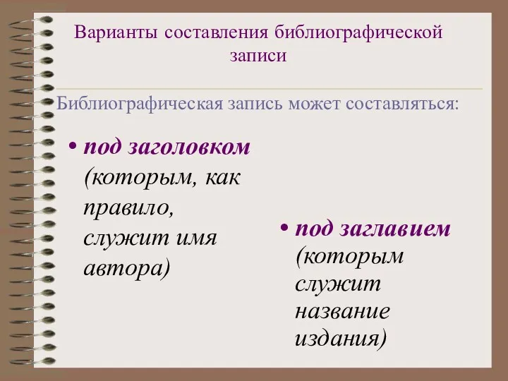 Варианты составления библиографической записи Библиографическая запись может составляться: под заголовком