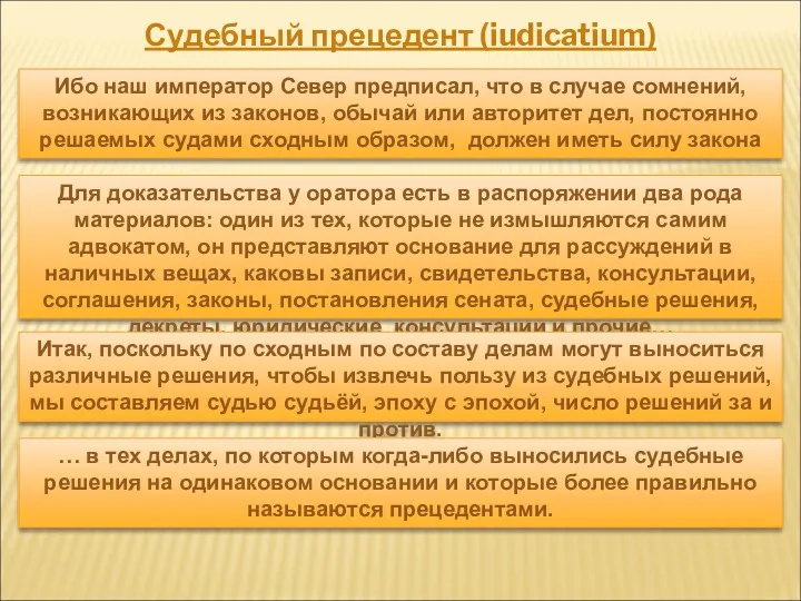 Судебный прецедент (iudicatium) Ибо наш император Север предписал, что в