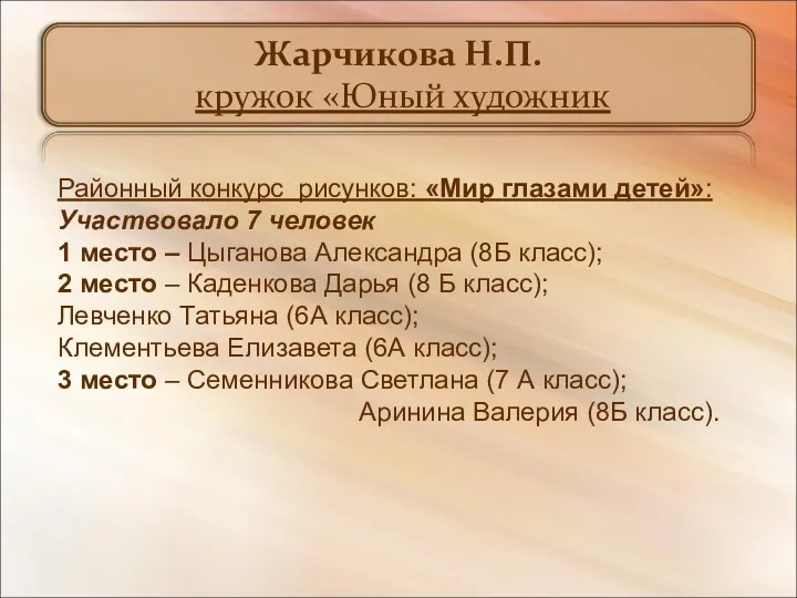 Жарчикова Н.П. кружок «Юный художник Районный конкурс рисунков: «Мир глазами