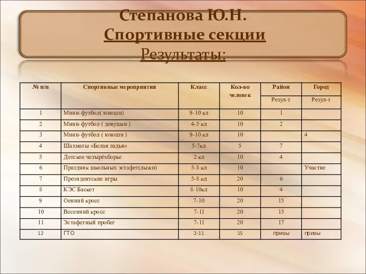 Степанова Ю.Н. Спортивные секции Результаты: