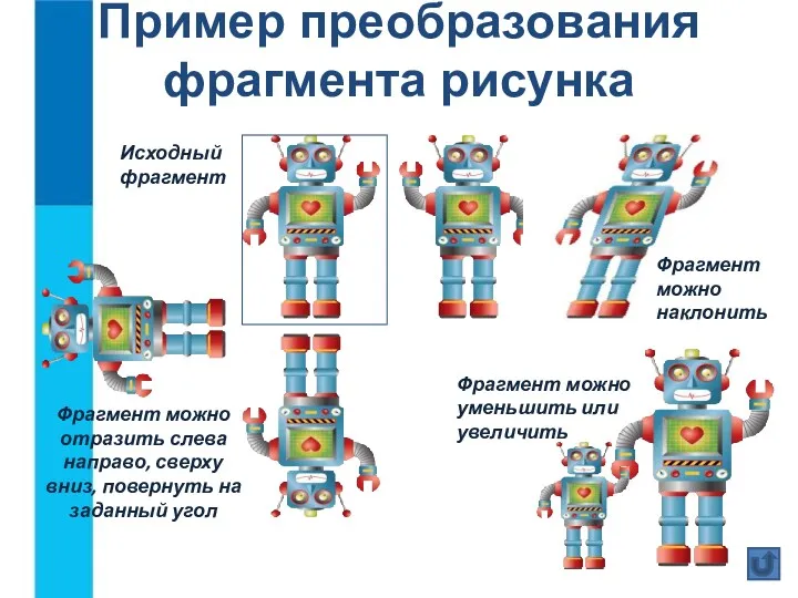 Пример преобразования фрагмента рисунка Исходный фрагмент Фрагмент можно отразить слева