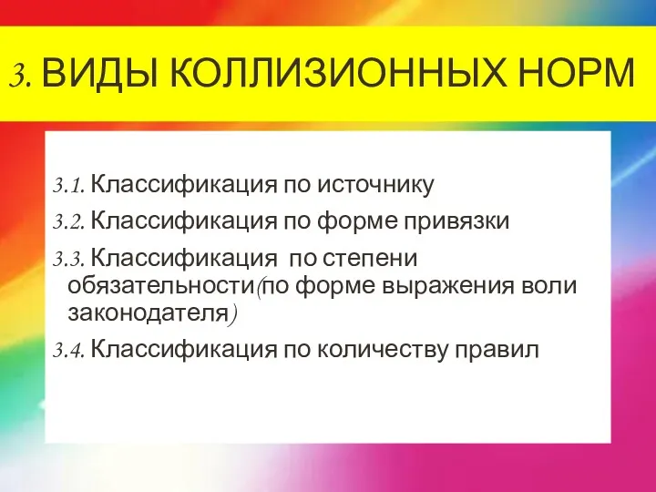 3. ВИДЫ КОЛЛИЗИОННЫХ НОРМ 3.1. Классификация по источнику 3.2. Классификация