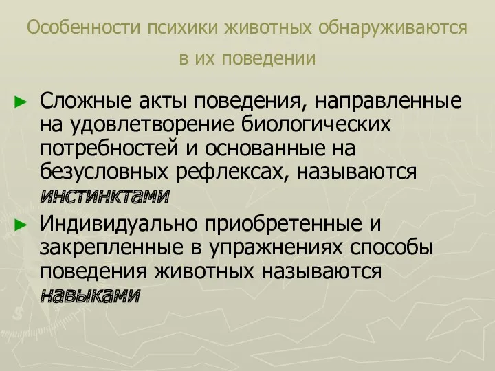 Особенности психики животных обнаруживаются в их поведении Сложные акты поведения,