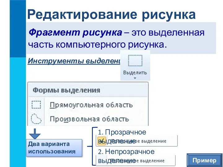 Редактирование рисунка Фрагмент рисунка – это выделенная часть компьютерного рисунка.