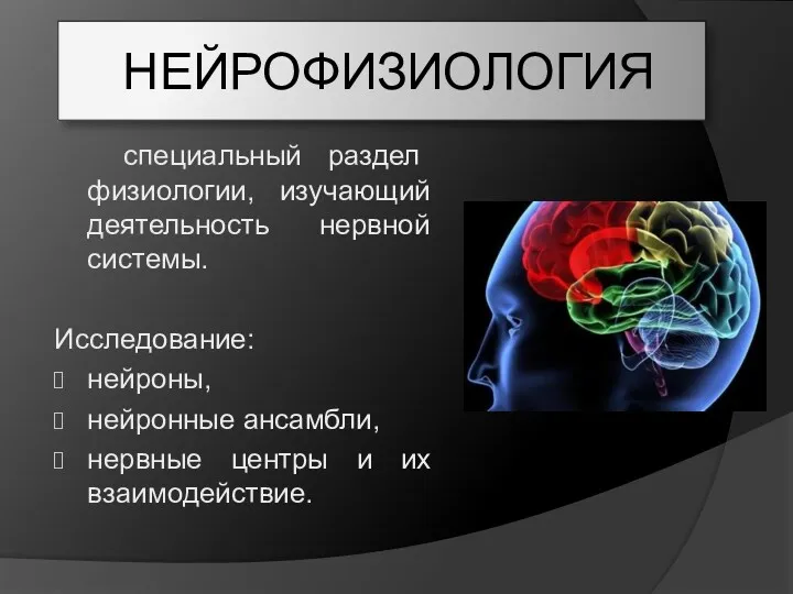 НЕЙРОФИЗИОЛОГИЯ специальный раздел физиологии, изучающий деятельность нервной системы. Исследование: нейроны,