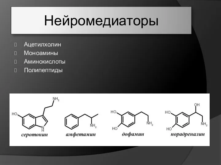Нейромедиаторы Ацетилхолин Моноамины Аминокислоты Полипептиды