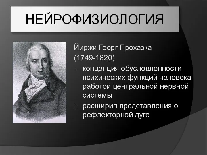 НЕЙРОФИЗИОЛОГИЯ Йиржи Георг Прохазка (1749-1820) концепция обусловленности психических функций человека работой центральной нервной