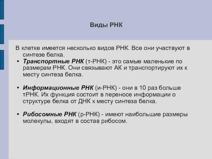 Виды РНК В клетке имеется несколько видов РНК. Все они