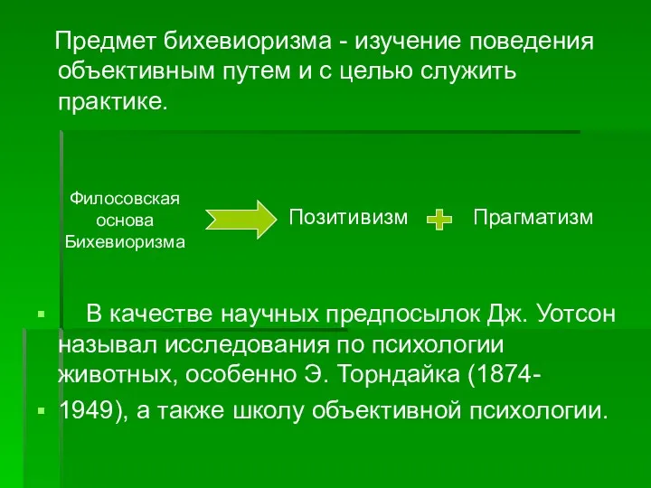 Предмет бихевиоризма - изучение поведения объективным путем и с целью