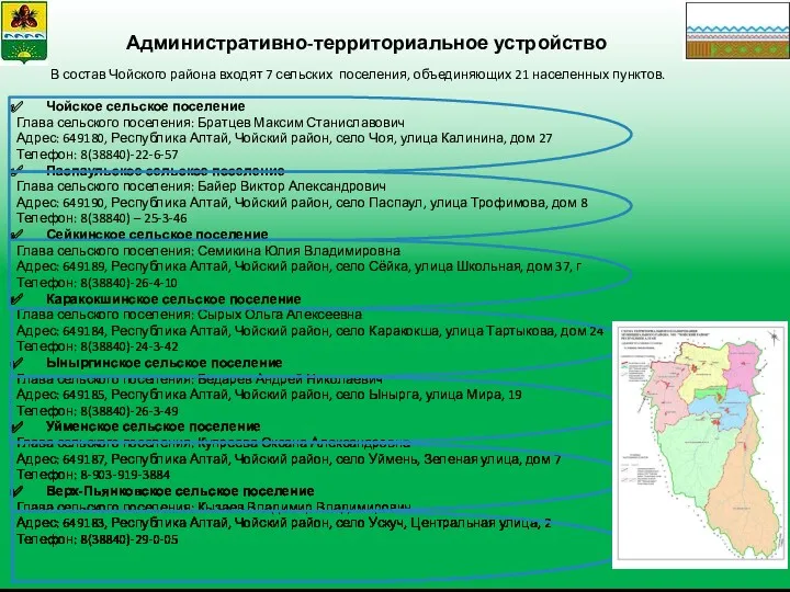 Административно-территориальное устройство В состав Чойского района входят 7 сельских поселения, объединяющих 21 населенных