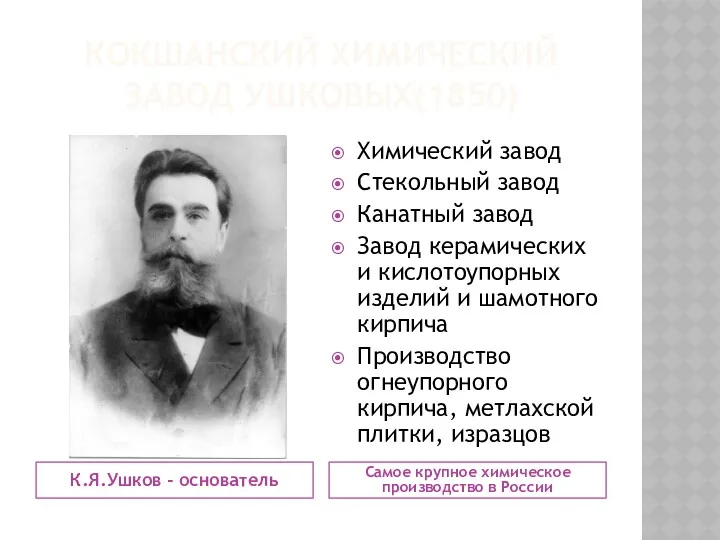 КОКШАНСКИЙ ХИМИЧЕСКИЙ ЗАВОД УШКОВЫХ(1850) К.Я.Ушков - основатель Самое крупное химическое