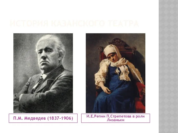 ИСТОРИЯ КАЗАНСКОГО ТЕАТРА П.М. Медведев (1837-1906) И.Е.Репин П.Стрепетова в роли Лизаньки