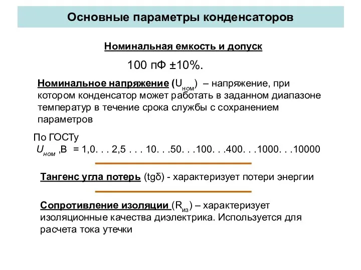 Основные параметры конденсаторов Номинальная емкость и допуск 100 пФ ±10%.
