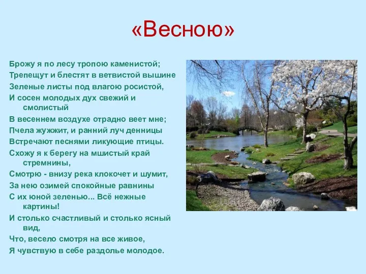 «Весною» Брожу я по лесу тропою каменистой; Трепещут и блестят