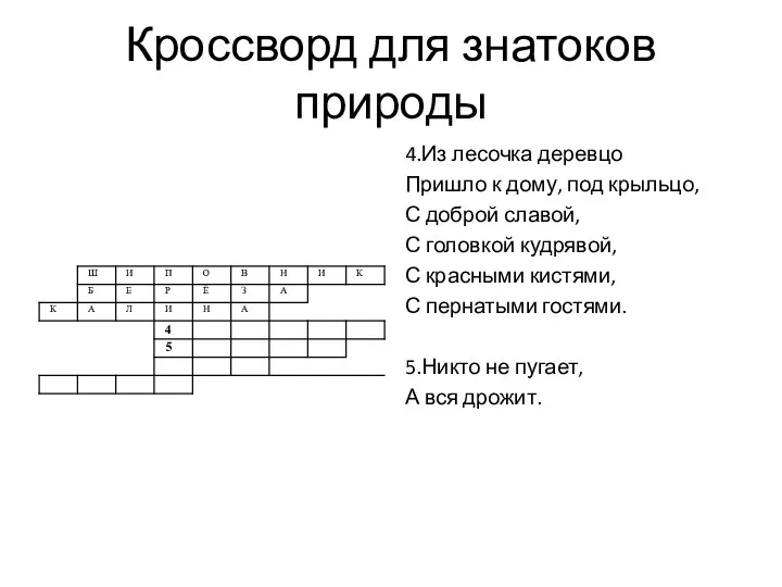 Кроссворд для знатоков природы 4.Из лесочка деревцо Пришло к дому,