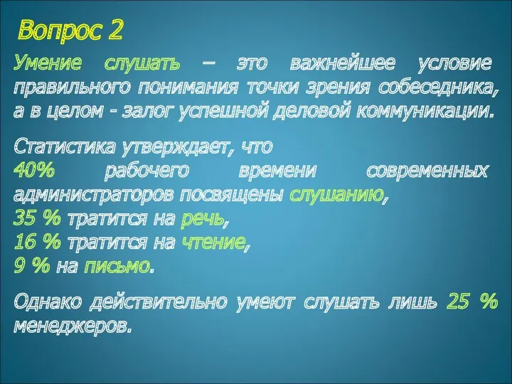 Вопрос 2 Умение слушать – это важнейшее условие правильного понимания