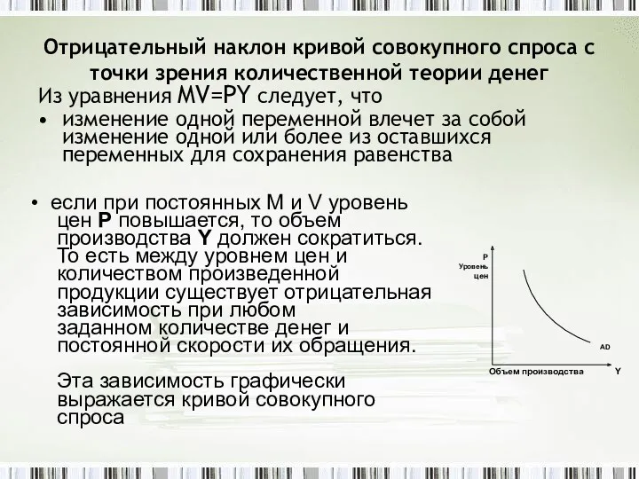 Отрицательный наклон кривой совокупного спроса с точки зрения количественной теории