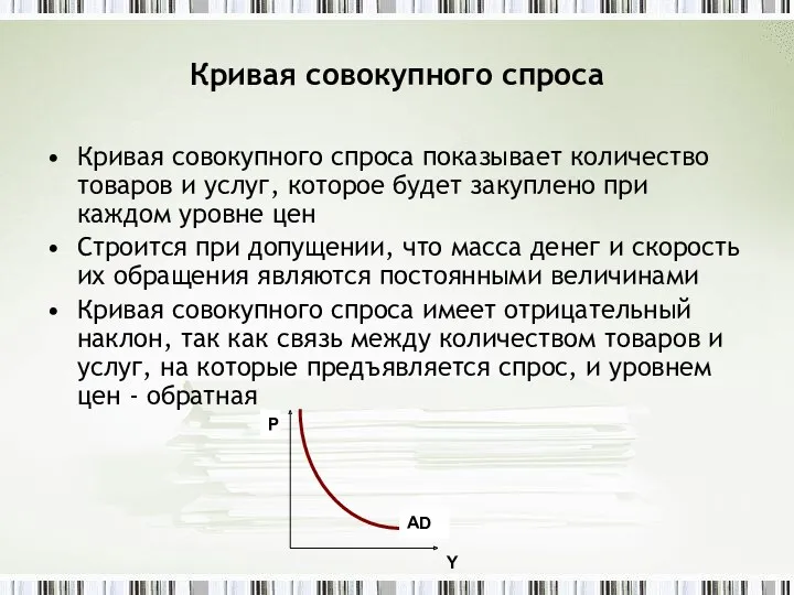 Кривая совокупного спроса Кривая совокупного спроса показывает количество товаров и