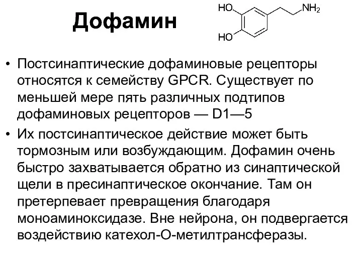 Постсинаптические дофаминовые рецепторы относятся к семейству GPCR. Существует по меньшей