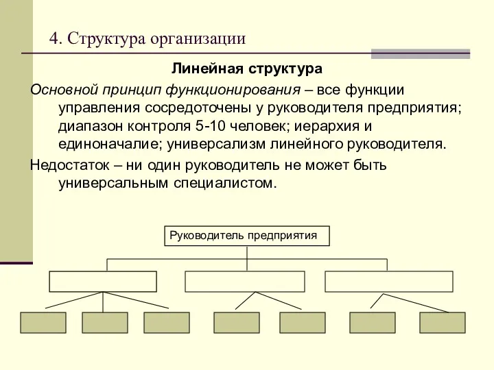 4. Структура организации Линейная структура Основной принцип функционирования – все