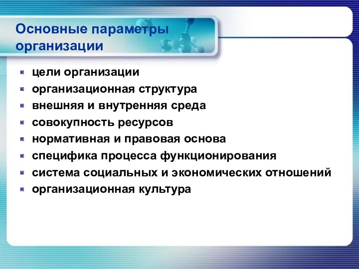 Основные параметры организации цели организации организационная структура внешняя и внутренняя