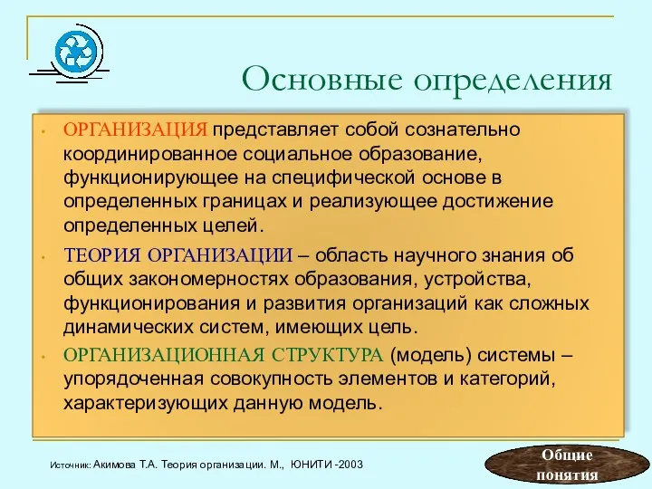 Основные определения ОРГАНИЗАЦИЯ представляет собой сознательно координированное социальное образование, функционирующее