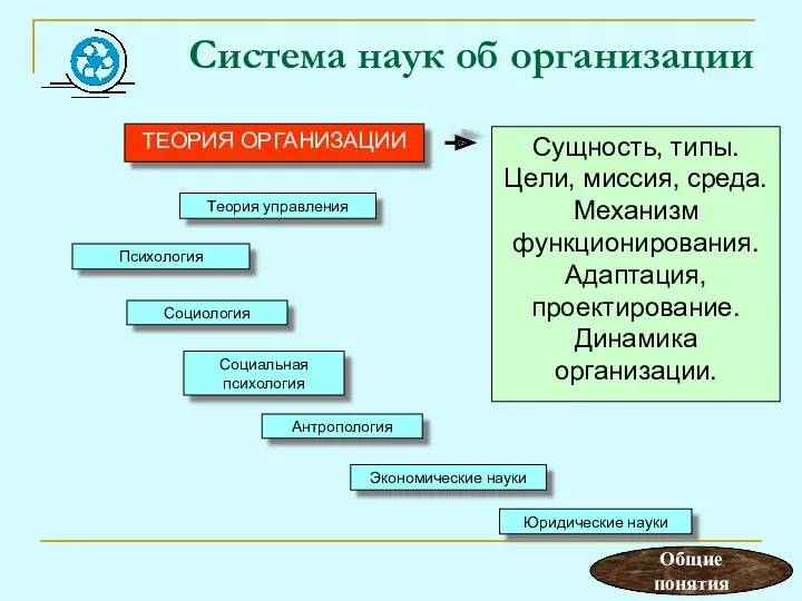 Система наук об организации ТЕОРИЯ ОРГАНИЗАЦИИ Теория управления Психология Социология