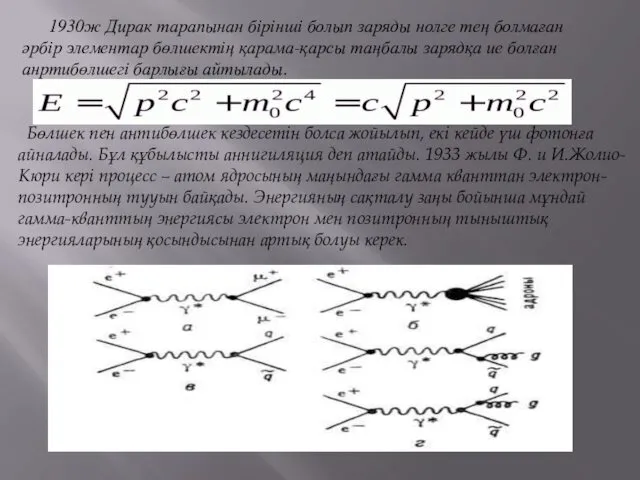 1930ж Дирак тарапынан бірінші болып заряды нолге тең болмаған әрбір