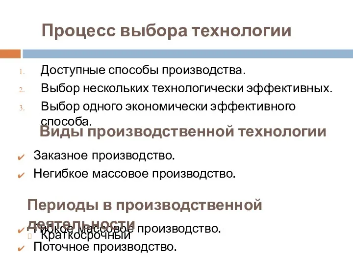 Процесс выбора технологии Доступные способы производства. Выбор нескольких технологически эффективных.