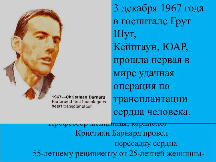 Профессор медицины, кардиолог Кристиан Барнард провел пересадку сердца 55-летнему реципиенту