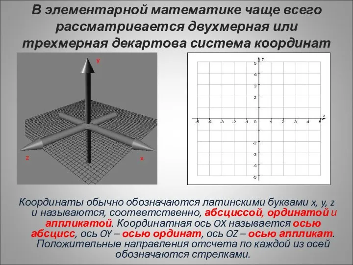 В элементарной математике чаще всего рассматривается двухмерная или трехмерная декартова