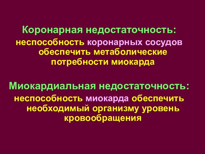 Коронарная недостаточность: неспособность коронарных сосудов обеспечить метаболические потребности миокарда Миокардиальная