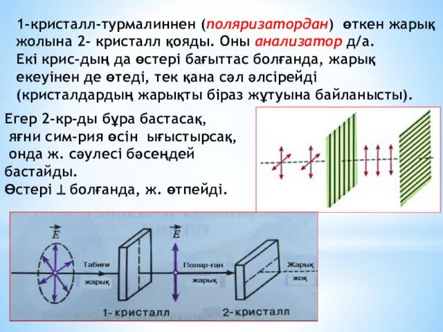 1-кристалл-турмалиннен (поляризатордан) өткен жарық жолына 2- кристалл қояды. Оны анализатор