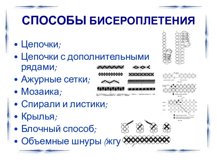 СПОСОБЫ БИСЕРОПЛЕТЕНИЯ Цепочки; Цепочки с дополнительными рядами; Ажурные сетки; Мозаика;