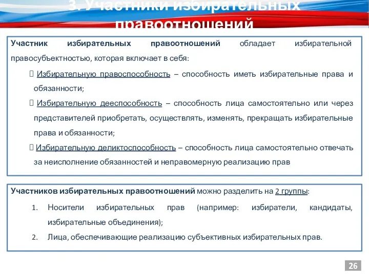 Участник избирательных правоотношений обладает избирательной правосубъектностью, которая включает в себя: