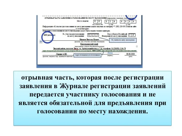 отрывная часть, которая после регистрации заявления в Журнале регистрации заявлений