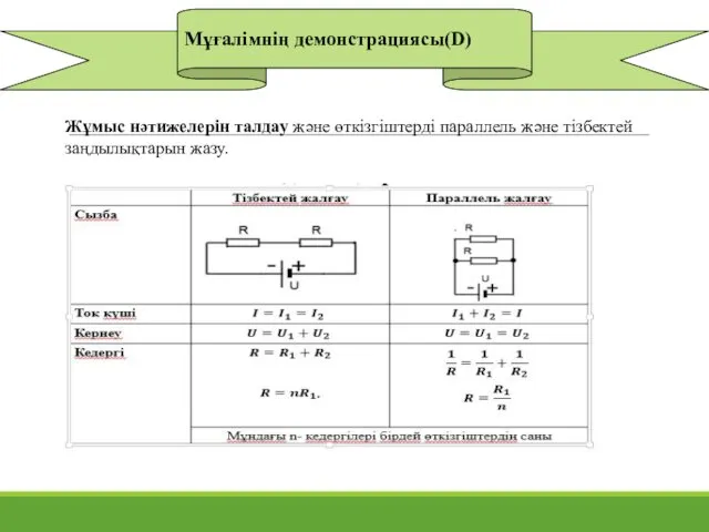 Мұғалімнің демонстрациясы(D) Жұмыс нәтижелерін талдау және өткізгіштерді параллель және тізбектей заңдылықтарын жазу.