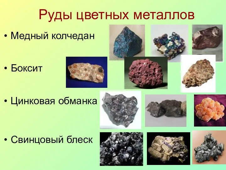 Руды цветных металлов Медный колчедан Боксит Цинковая обманка Свинцовый блеск